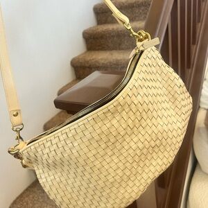 Clare V Cream Woven Shoulder Bag with Gold Hardware